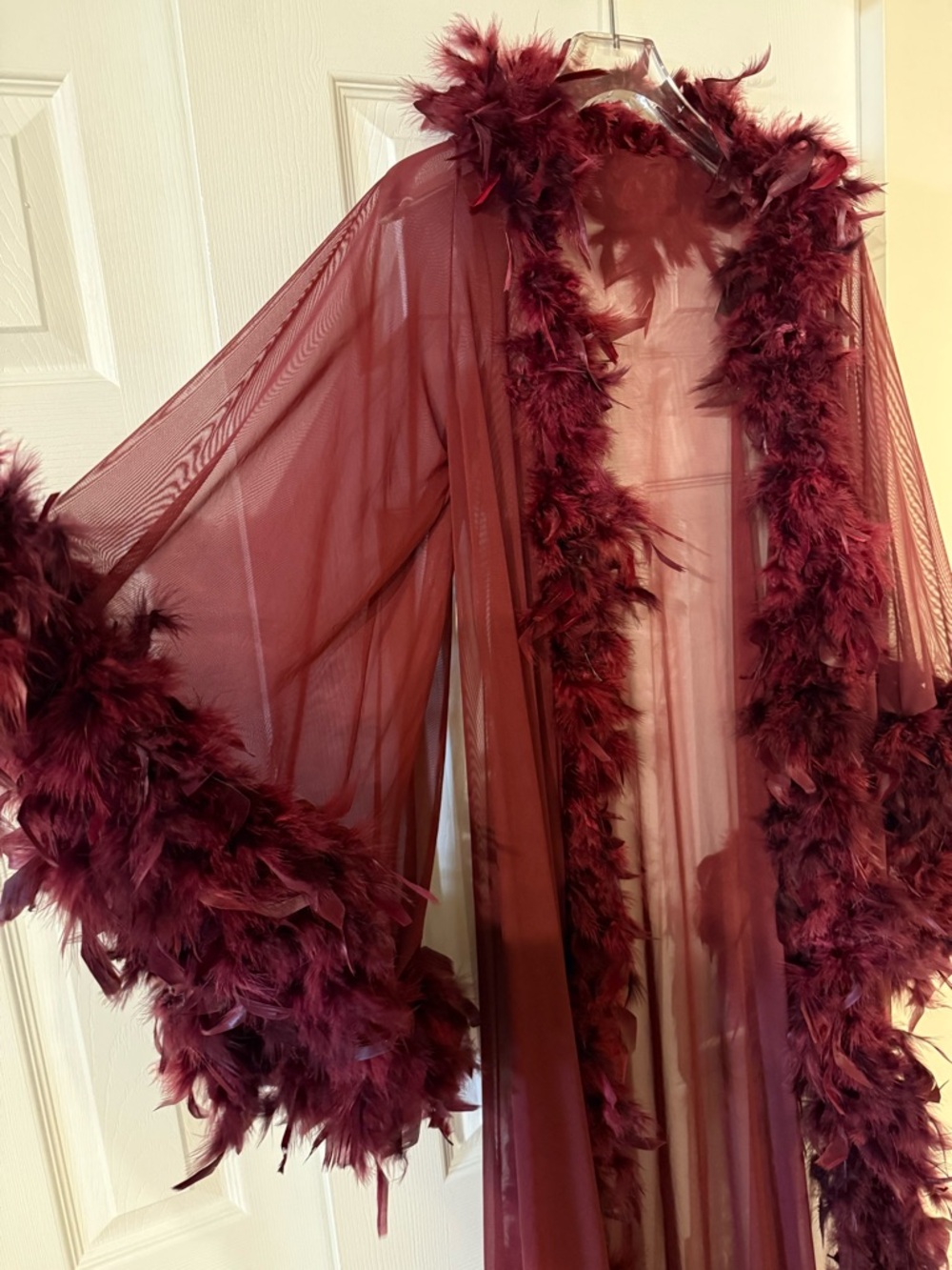 Burgundy Red Sheer Feather Trim Long Robe Burlesque Boudoir Bridal Drag Queen